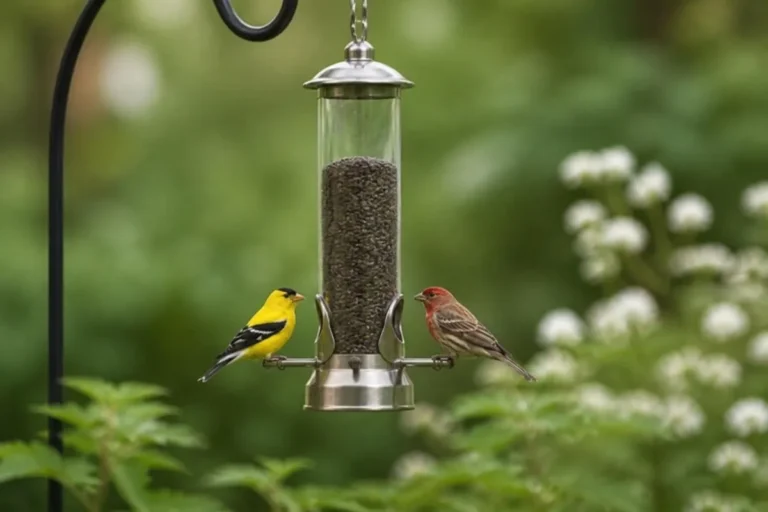 American goldfinch and house finch feeding at a tube bird feeder in a garden