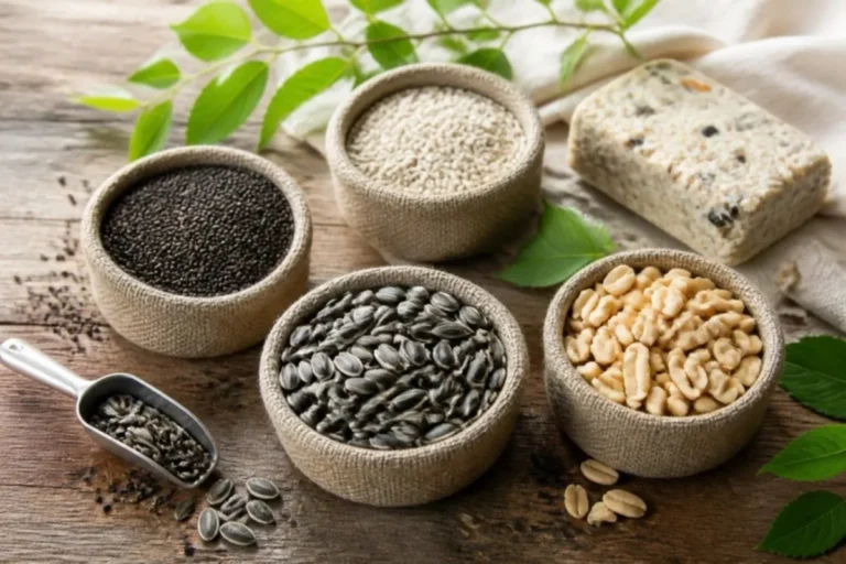 Bowls of black oil sunflower seed, nyjer, safflower, peanuts and a suet cake on a wooden table