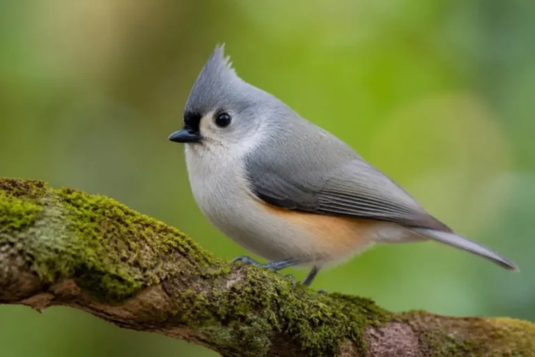 Tufted titmouse perched on a mossy branch showing its gray crest and rusty flanks