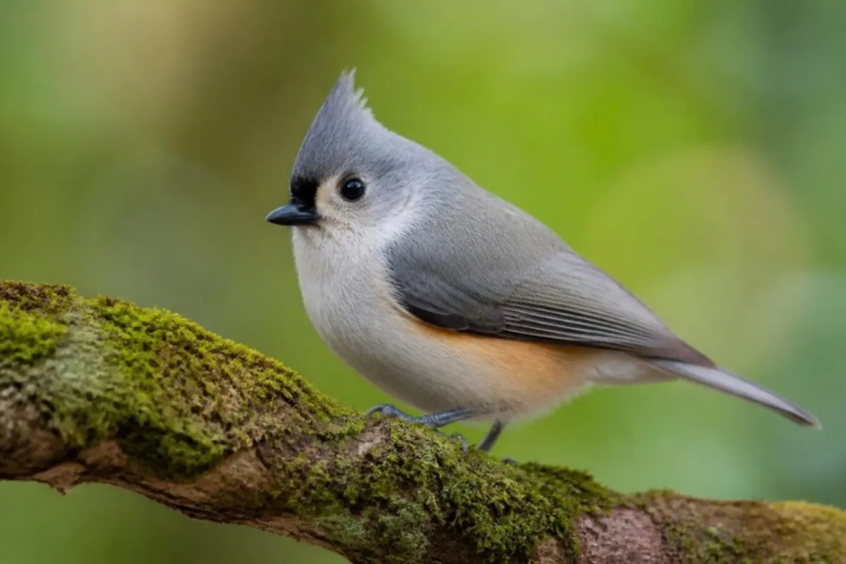 Tufted titmouse perched on a mossy branch showing its gray crest and rusty flanks