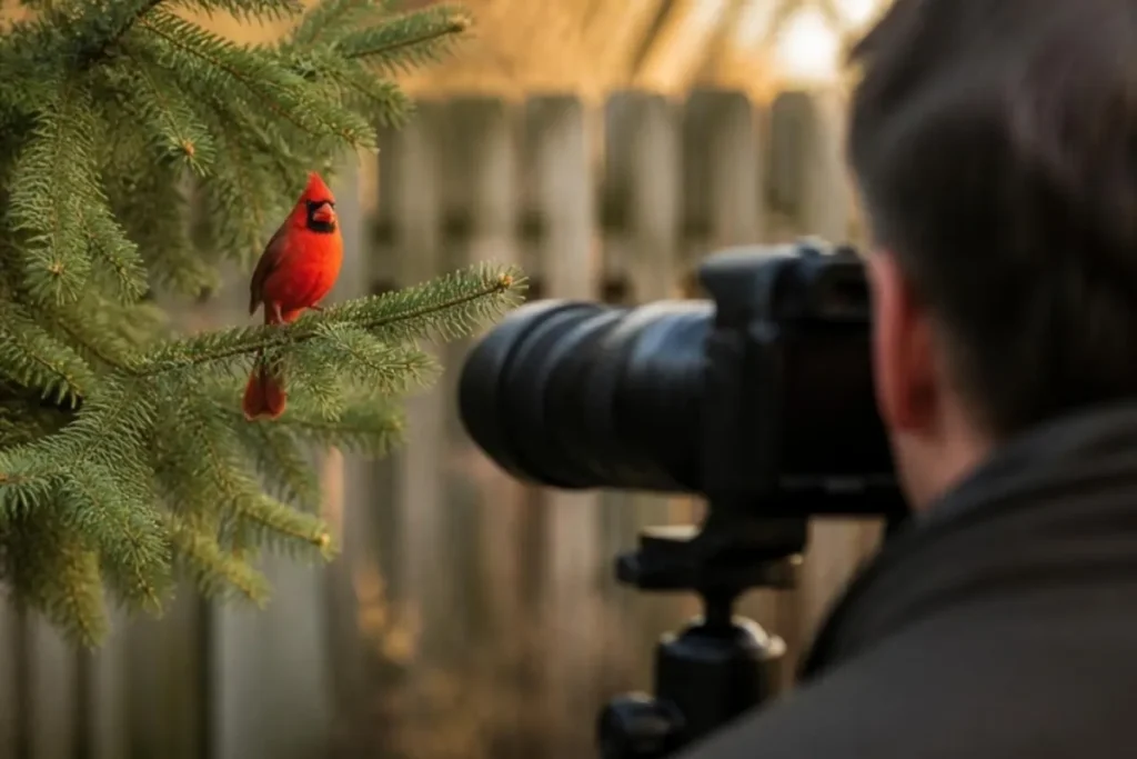 Photographer with a telephoto lens photographing a cardinal
