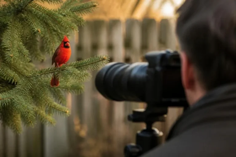 Photographer with a telephoto lens on a tripod photographing a northern cardinal on an evergreen branch