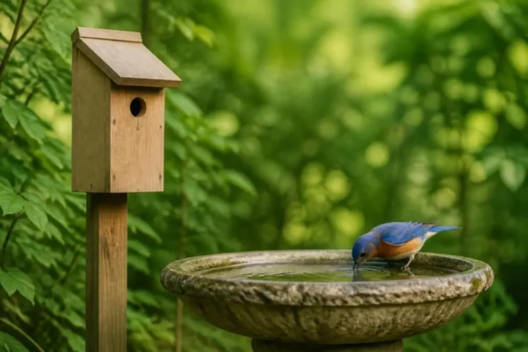 Eastern bluebird drinking at a stone bird bath beside a wooden birdhouse on a post