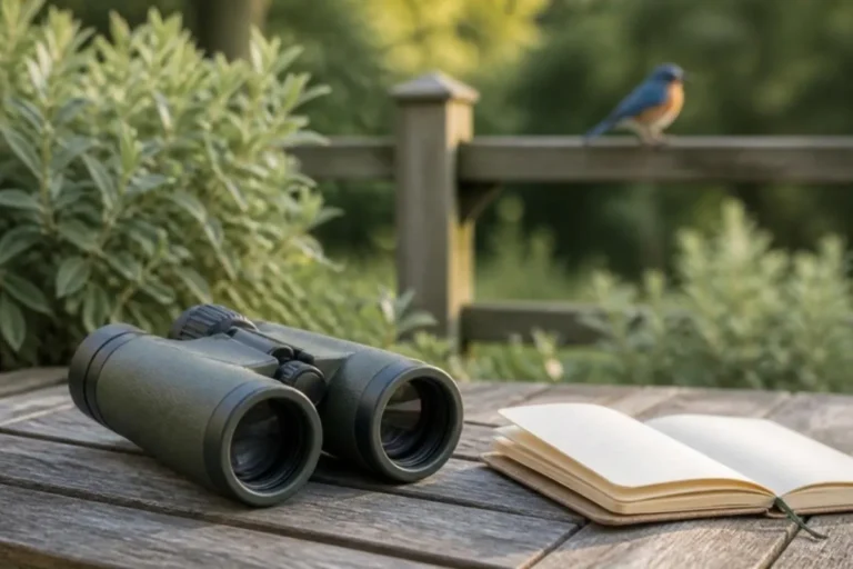 Green binoculars and an open field notebook on a garden table with an eastern bluebird on a fence behind