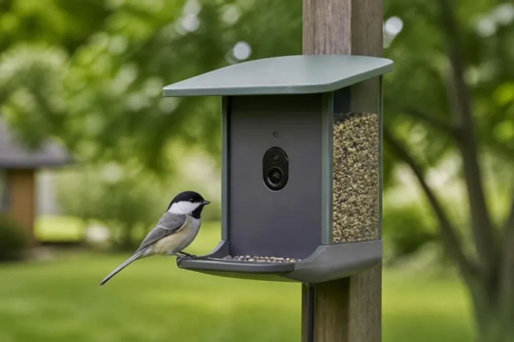 Chickadee on a camera bird feeder