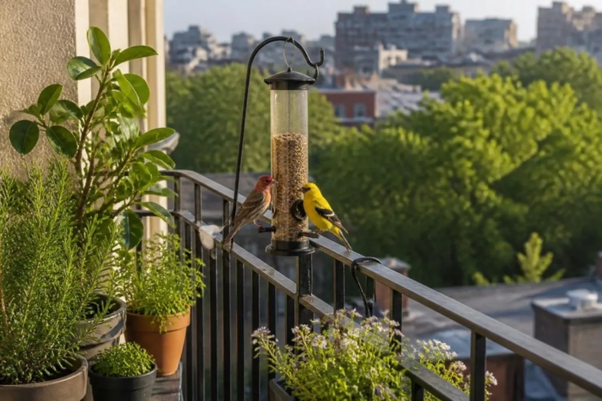 House finch and goldfinch at a compact tube feeder on a city apartment balcony