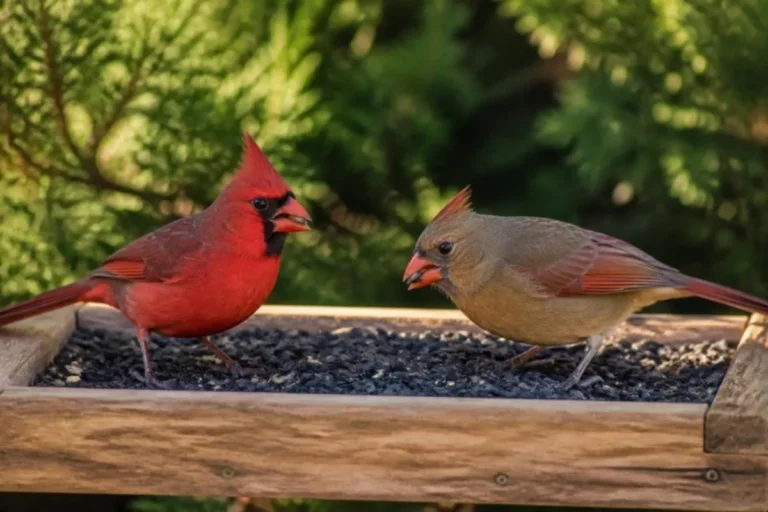 Male and female northern cardinals eating sunflower seed on a wooden platform feeder