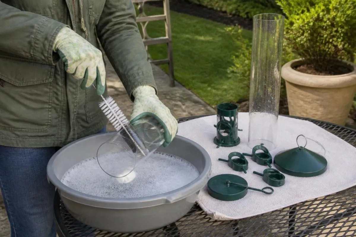 Gloved hands scrubbing a disassembled tube bird feeder in soapy water
