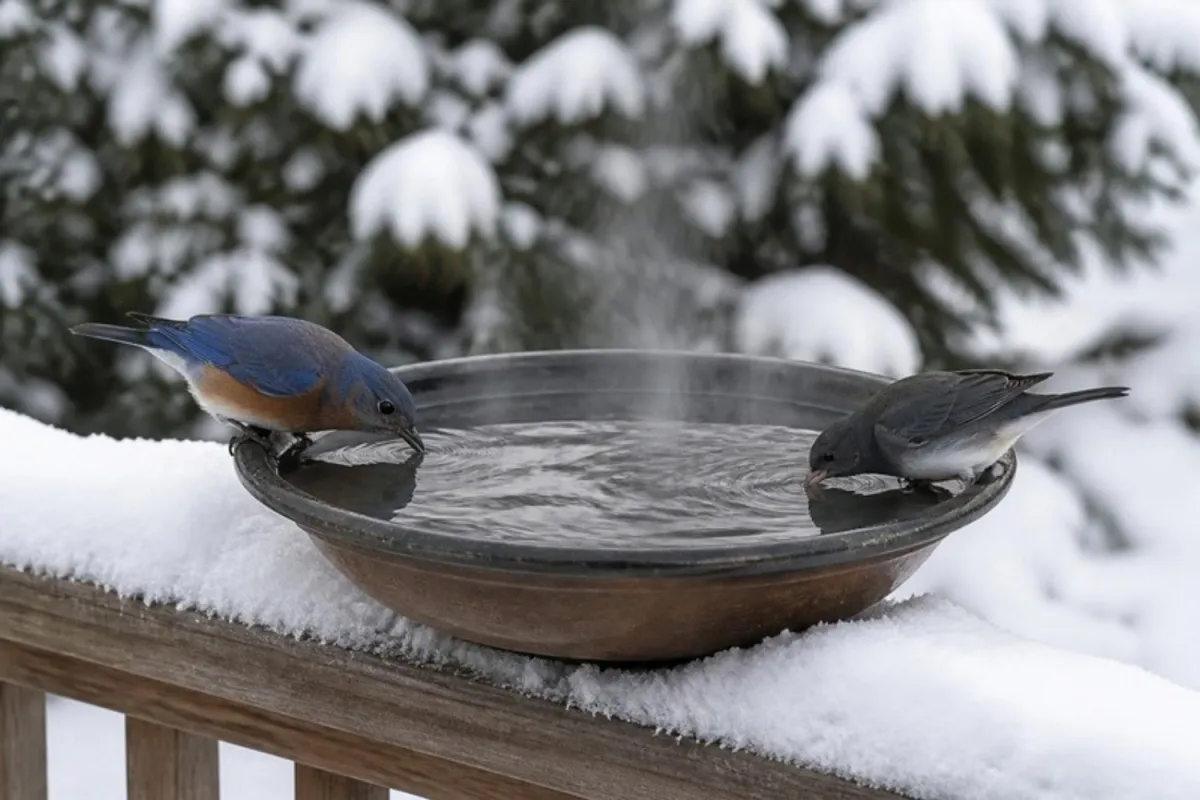 Eastern bluebird and dark-eyed junco drinking from a heated bird bath on a snowy deck rail