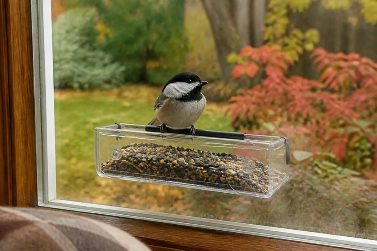 Black-capped chickadee on a clear window feeder seen from inside a home