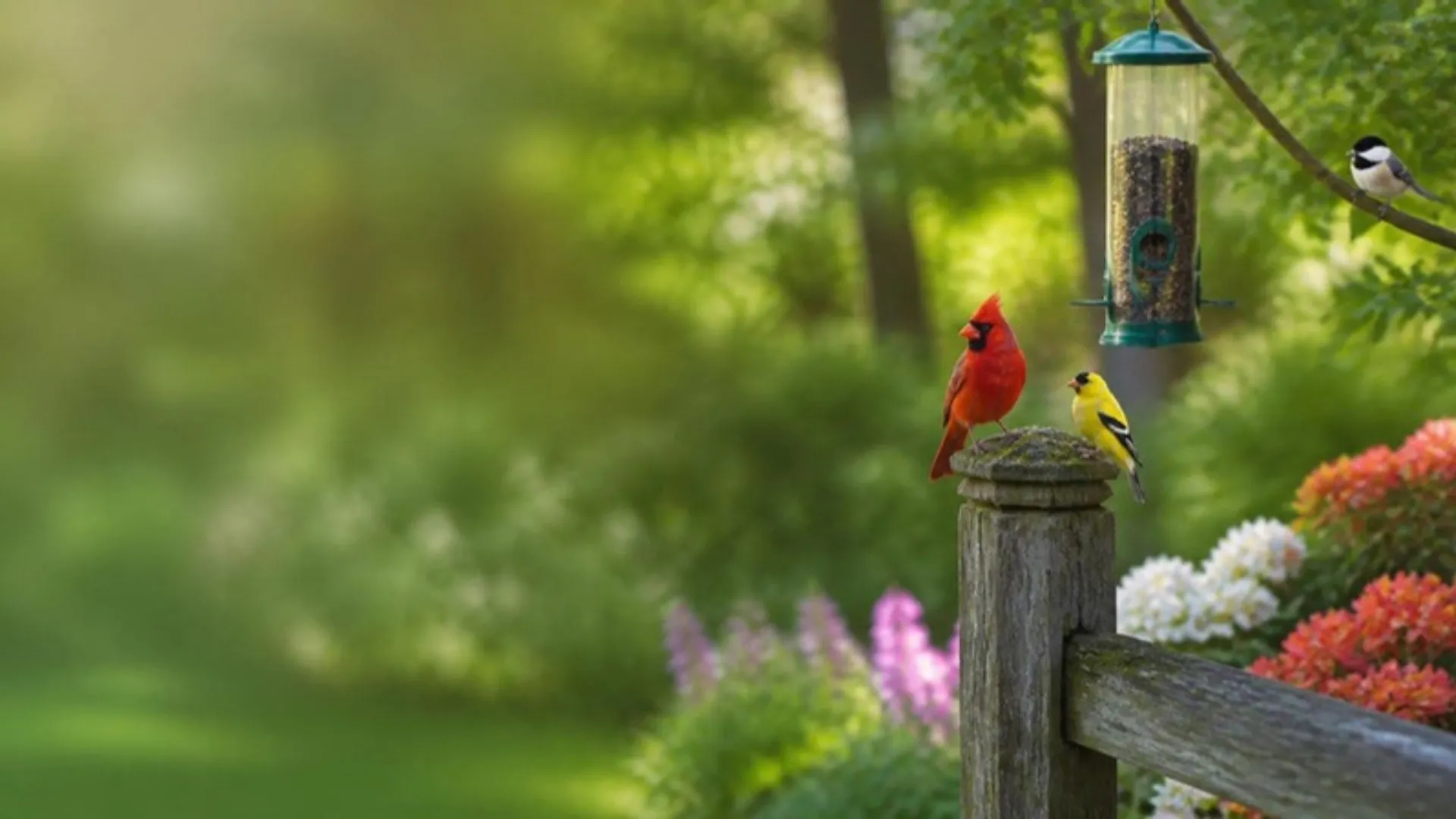 Northern cardinal and American goldfinch perched by a backyard bird feeder