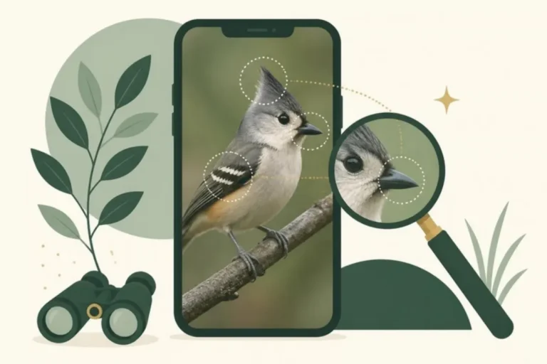 Illustration of a phone photo of a songbird with a magnifying glass highlighting field marks