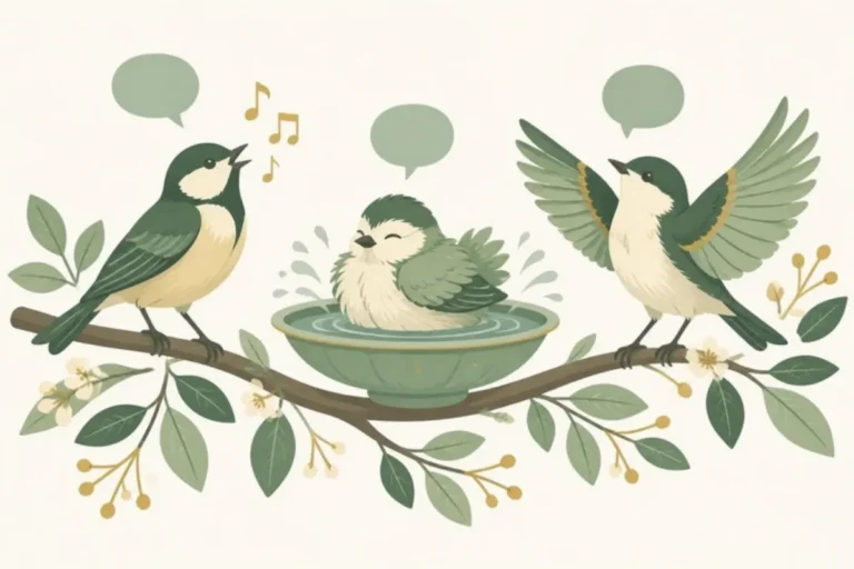 Illustration of three songbirds singing, bathing and displaying on a branch