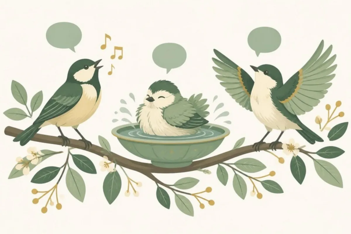 Illustration of three songbirds singing, bathing and displaying on a branch