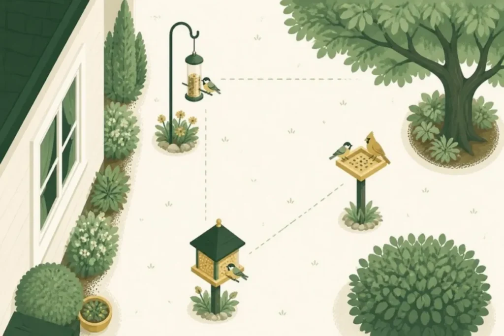 Illustrated backyard plan showing where to place bird feeders