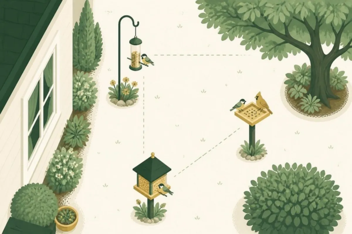 Illustrated backyard plan showing feeder placement near a house, tree and shrubs