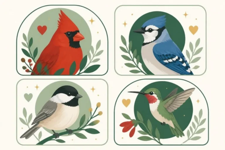 Illustrated portraits of a cardinal, blue jay, chickadee and hummingbird