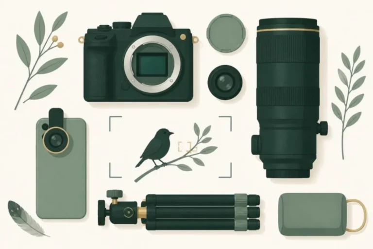 Illustrated bird photography gear: camera, telephoto lens, phone and tripod