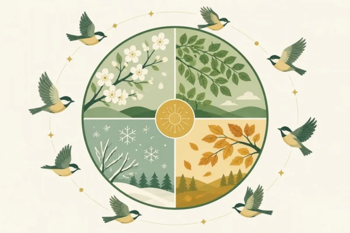 Illustrated four-season wheel with songbirds flying around it