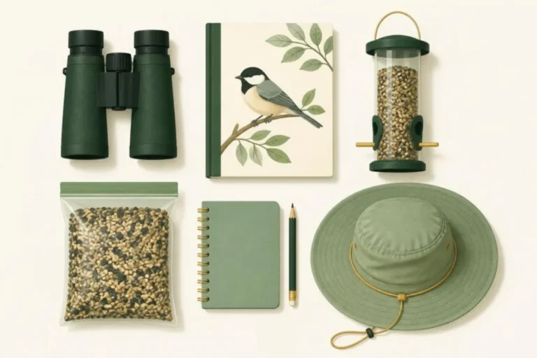 Illustrated birdwatching gear: binoculars, field guide, notebook, feeder, seed and hat